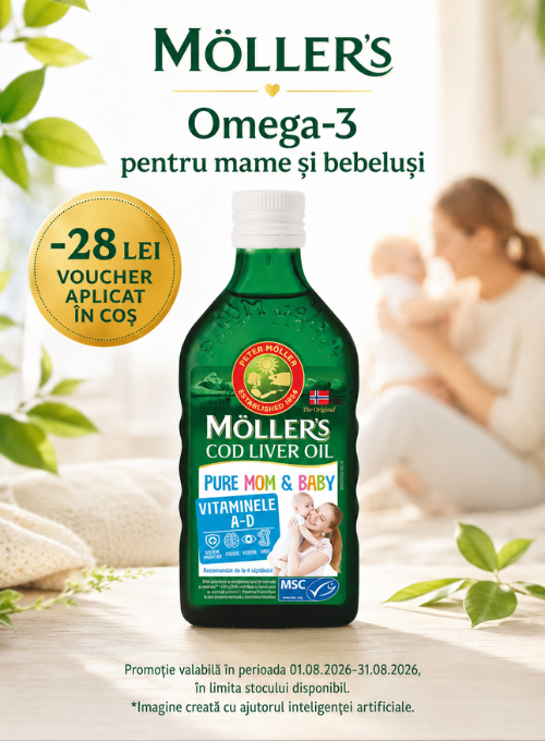 Promotie cu 28 lei voucher aplicat in cos la Mollers Ulei din ficat de cod Pure Mom & Baby