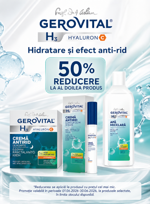 Promotie cu 50% reducere la al doilea produs Gerovital H3 Hyaluron C