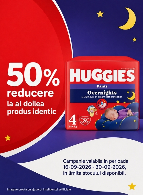 Promotie cu 50% reducere la al doilea produs identic Huggies