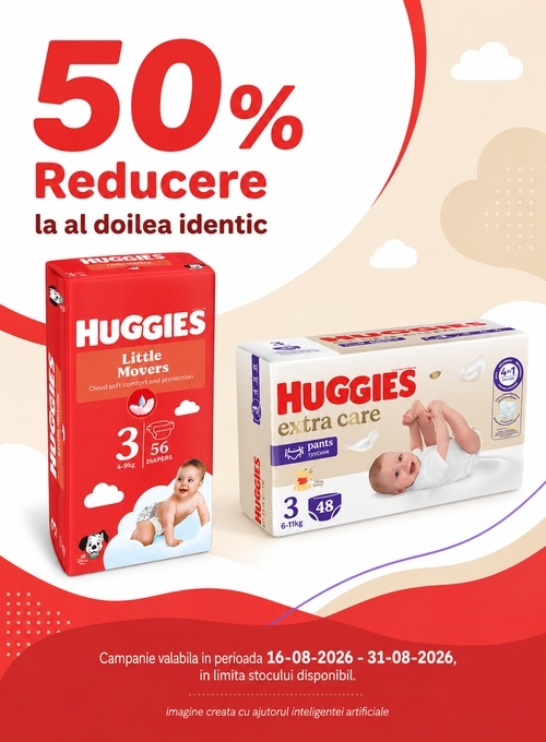 Promotie cu 50% reducere la al doilea produs identic Huggies