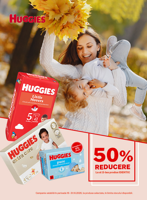 Promotie cu 50% reducere la al doilea produs identic Huggies