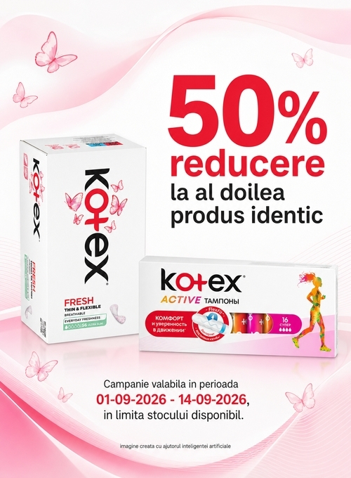 Promotie cu 50% reducere la al doilea produs identic Kotex