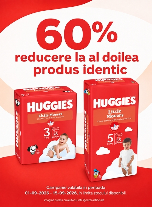 Promotie cu 60% reducere la al doilea produs identic Huggies