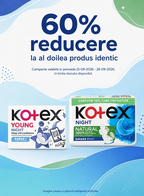 Promotie cu 60% reducere la al doilea produs identic Kotex