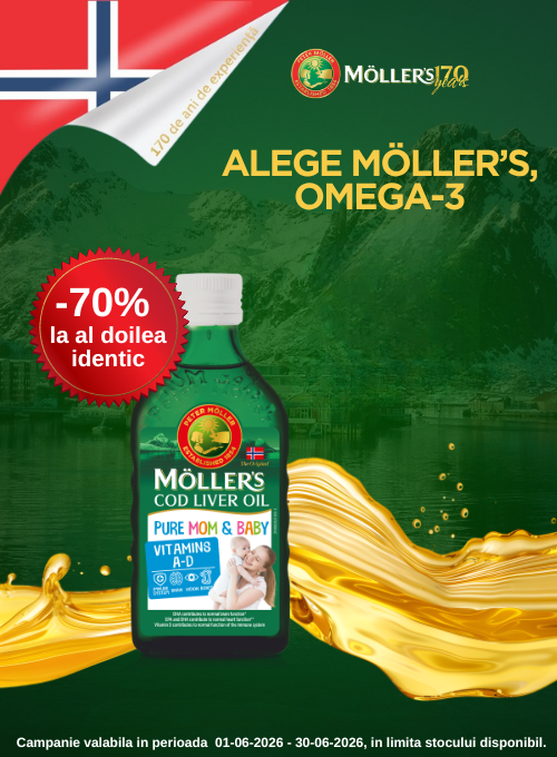 Promotie cu 70% reducere la al doilea produs IDENTIC la Mollers Cod Liver Oil Pure Mom & Baby