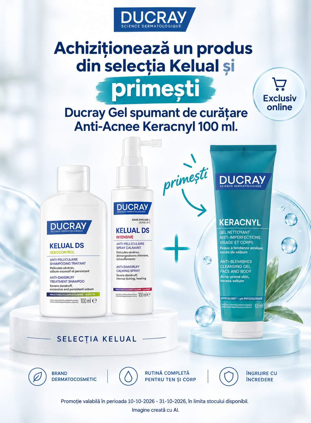 Promotie cu produs promotional Ducray Gel spumant de curatare Anti- Acnee Keracnyl 100 ml
