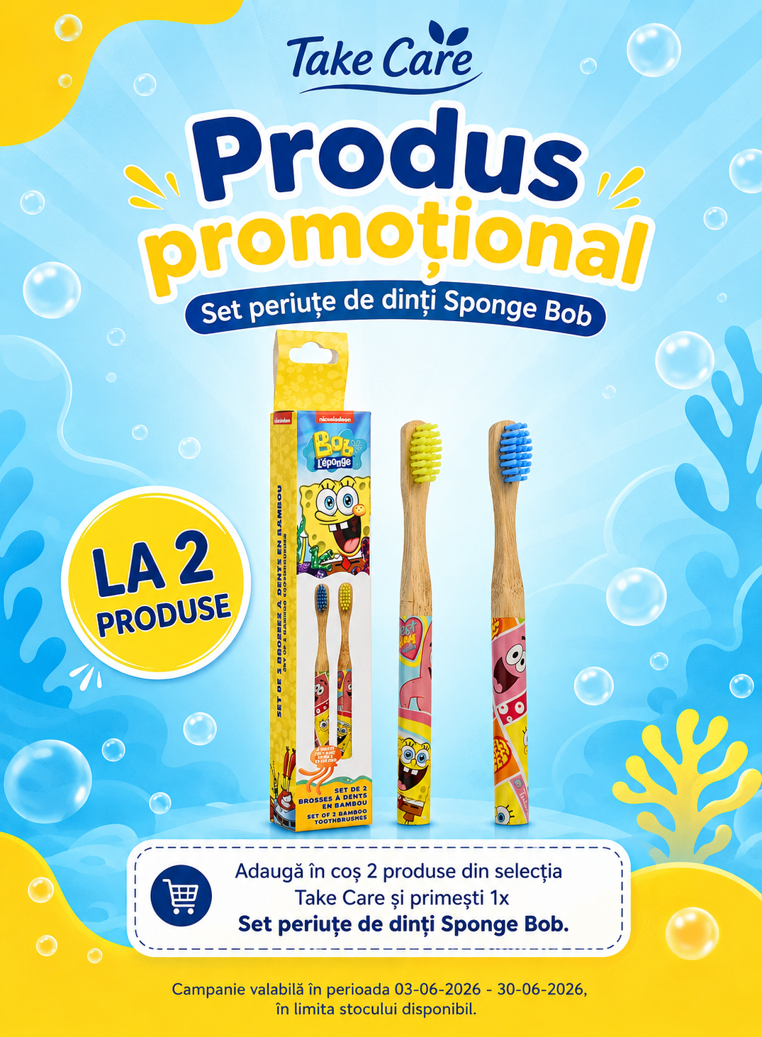 Promotie cu produs promotional Take Care - Set periute de dinti Sponge Bob