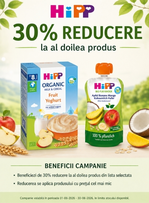Promotie cu reducere 30% la al doilea produs Hipp