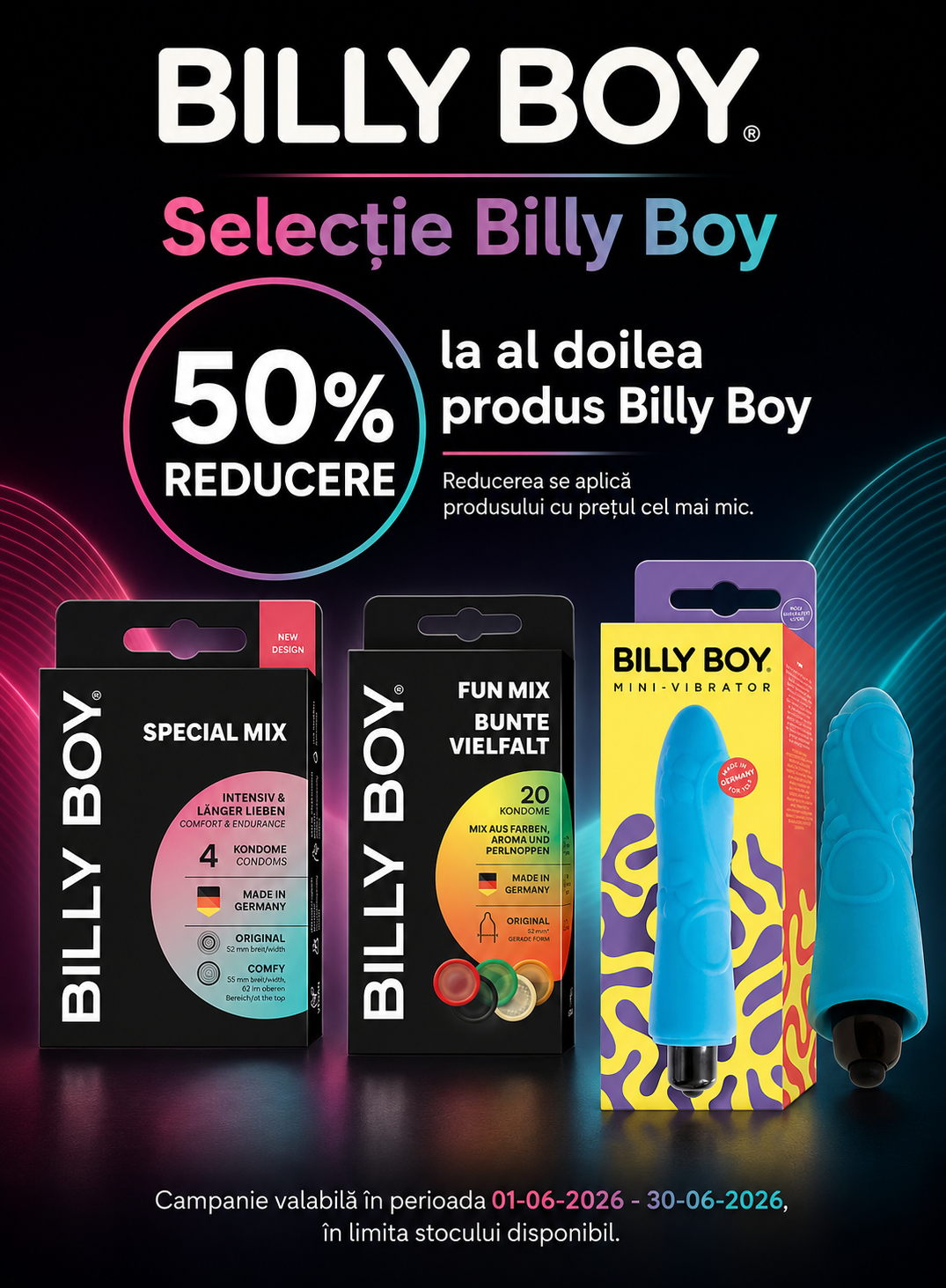 Promotie cu reducere 50% la al doilea produs Billy Boy