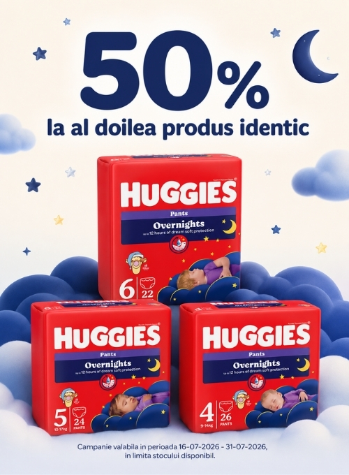 Promotie cu reducere 50% la al doilea produs identic Huggies