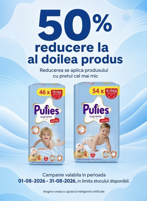 Promotie cu reducere 50% la al doilea produs Pufies