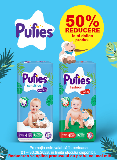 Promotie cu reducere 50% la al doilea produs Pufies
