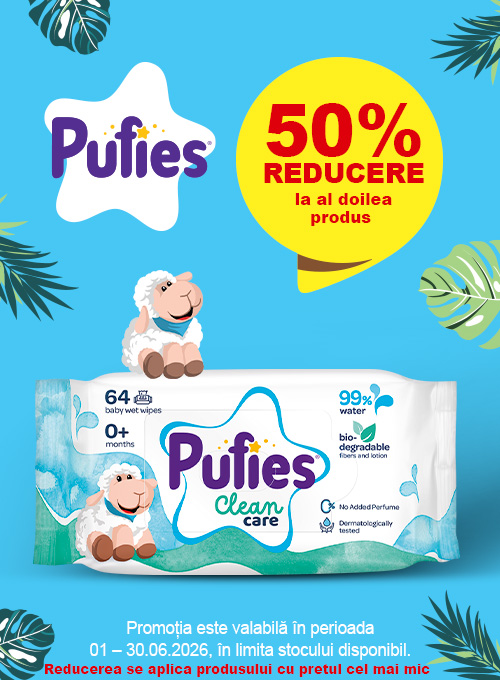 Promotie cu reducere 50% la al doilea produs Pufies
