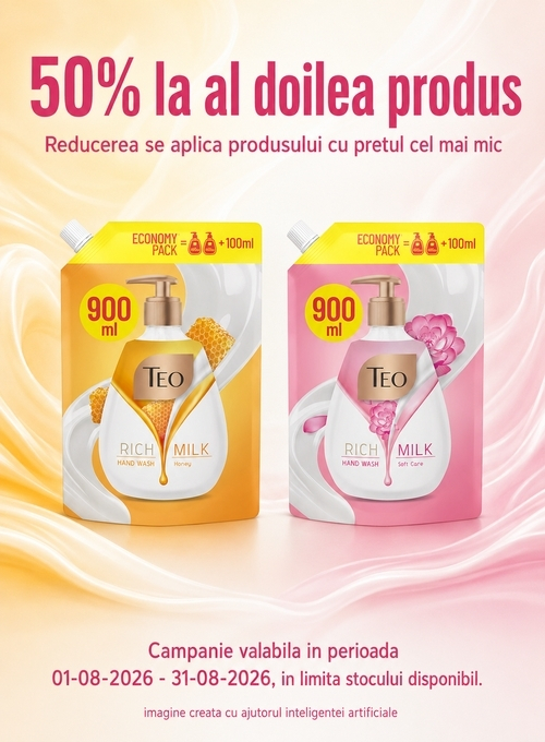 Promotie cu reducere 50% la al doilea produs Teo