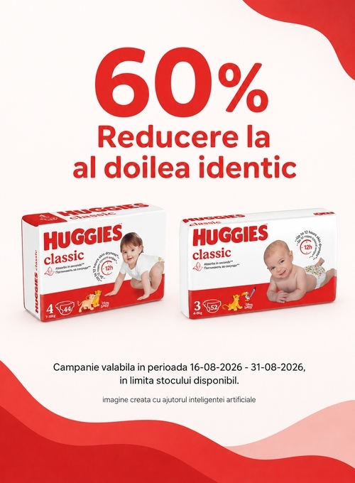 Promotie cu reducere 60% la al doilea produs Huggies identic