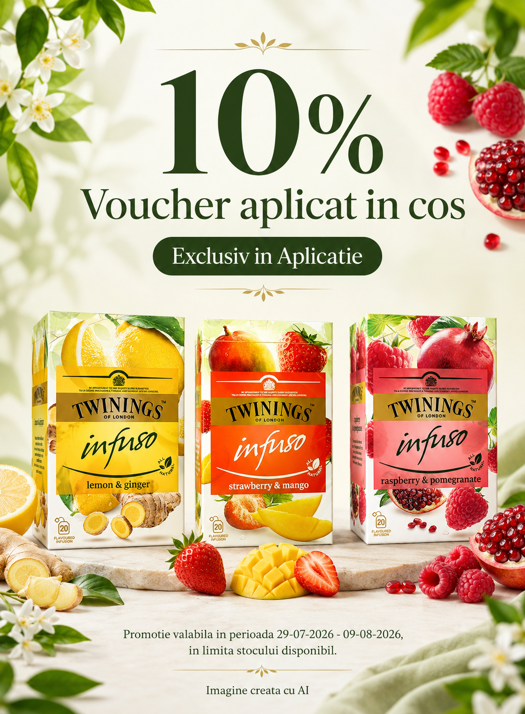 Promotie cu voucher 10% aplicat in cos la Twinings Exclusiv in Aplicatie