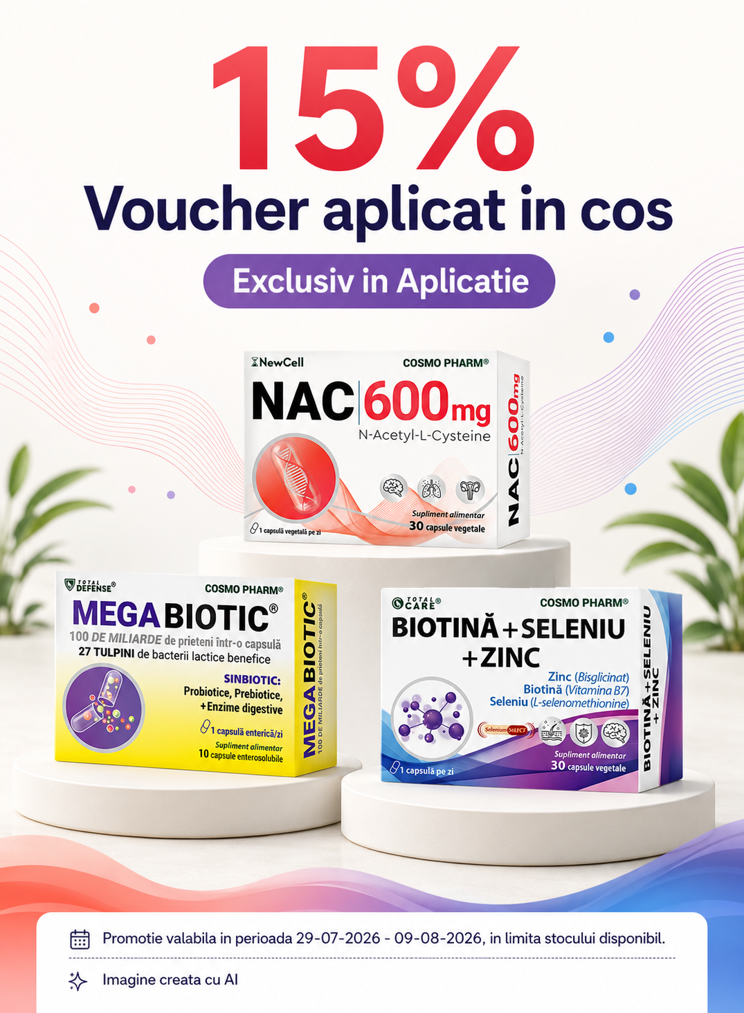 Promotie cu voucher 15% aplicat in cos la Cosmopharm Exclusiv in Aplicatie
