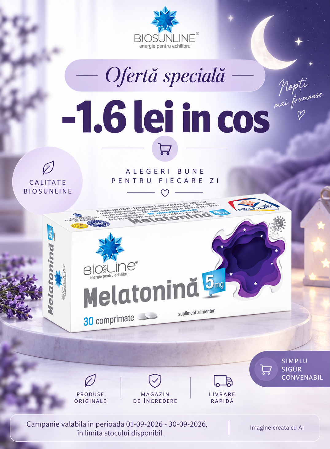 Promotie cu voucher aplicat in cos 1.6 lei la  BioSunLine - Melatonina
