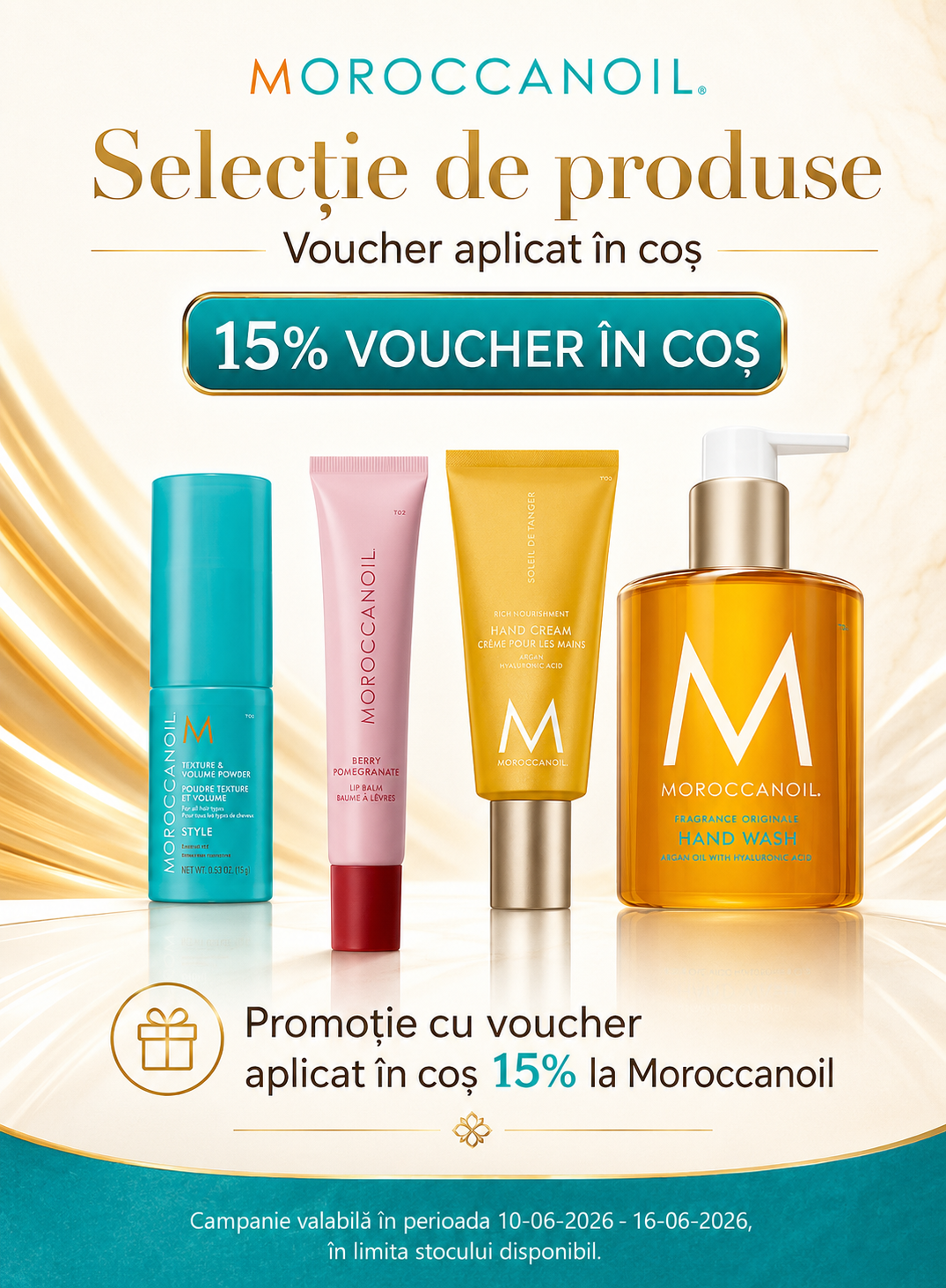 Promotie cu voucher aplicat in cos 15% la Moroccanoil