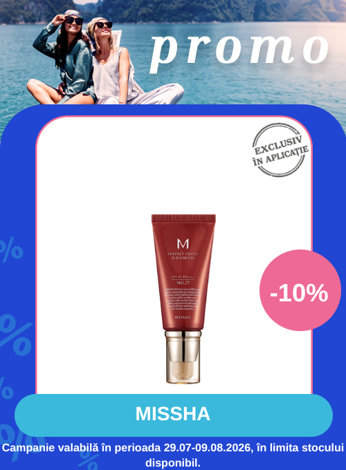 Promotie cu voucher aplicat in cos de 10% la Missha- Exclusiv in Aplicatie