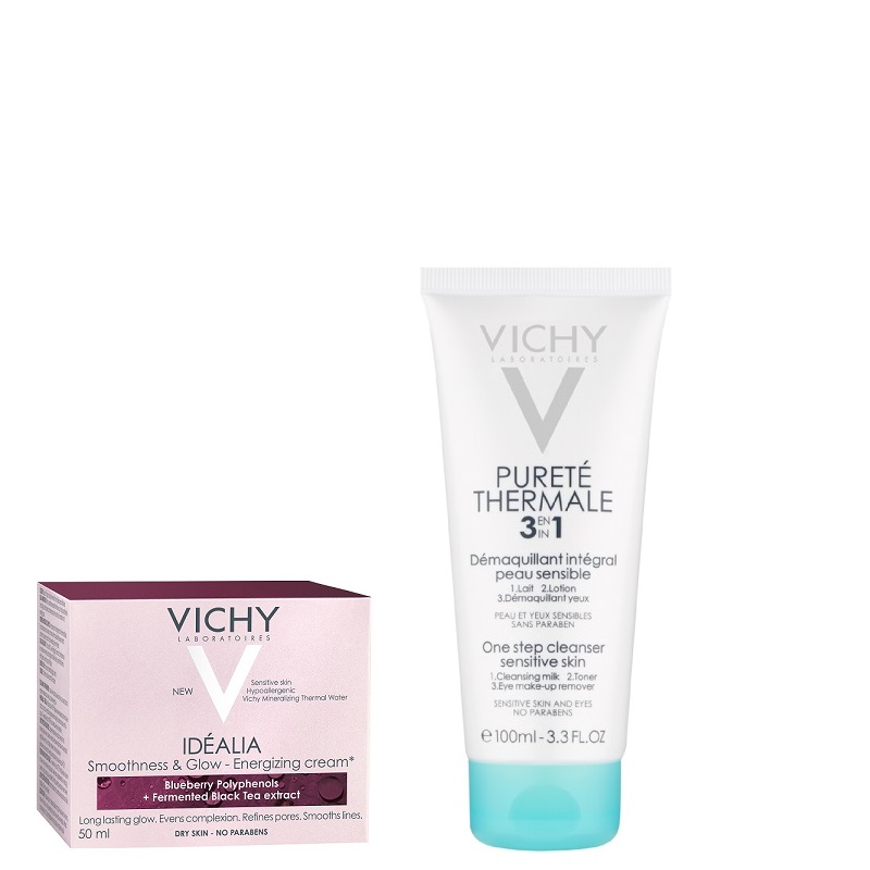 Oferta pachet Crema de zi energizanta pentru ten uscat Idelia 50ml + Demachiant 3 in 1 Purete Thermale 100ml, Vichy