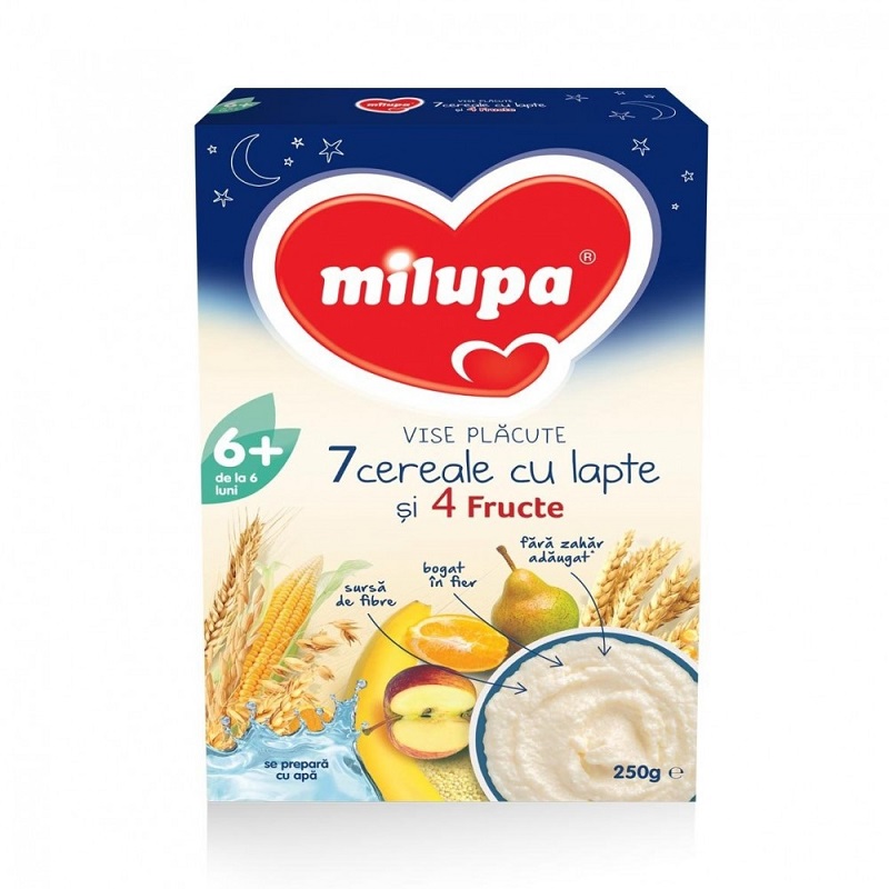 7 Cereale cu lapte si 4 fructe Vise placute, +6 luni, 250 g, Milupa