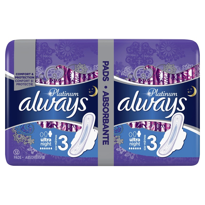 Absorbante Always Platinum Ultra Night Duo, 12 bucati, Marimea 3, P&G