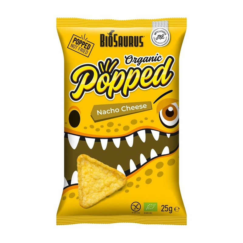 Gustare Bio din porumb expandat cu branza nachos, 25 g, Biosaurus