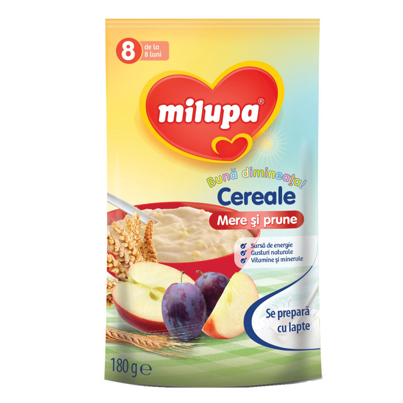 Cereale cu mere si prune Buna dimineata, +8 luni, 180 g, Milupa