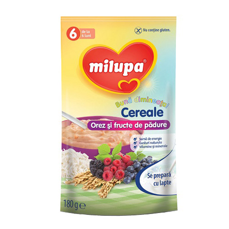 Cereale cu orez si fructe de padure Buna Dimineata, 180g, Milupa