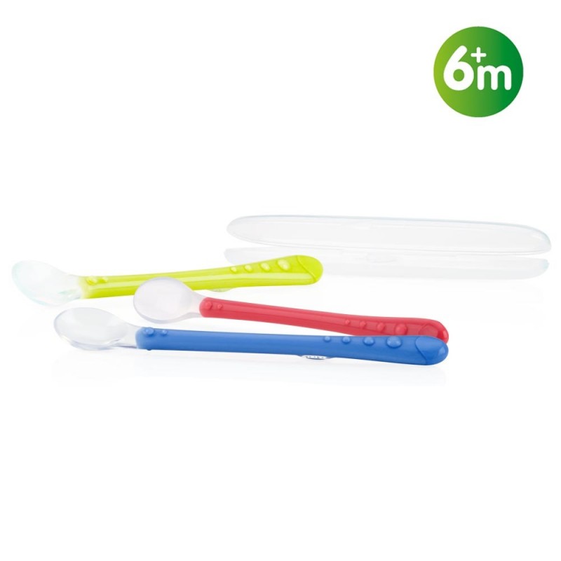 Lingurita flexibila din silicon cu coada lunga si cutie, +6 luni, Nuby