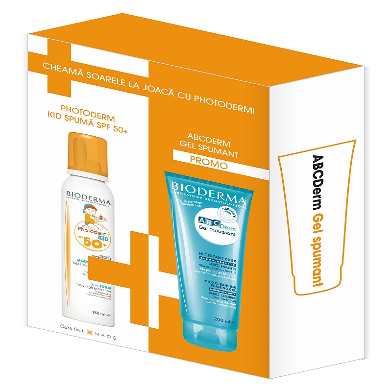 Oferta Pachet Spuma Photoderm Kid SPF 50+, 150ml, ABC Derm gel spumant, 200 ml, Bioderma