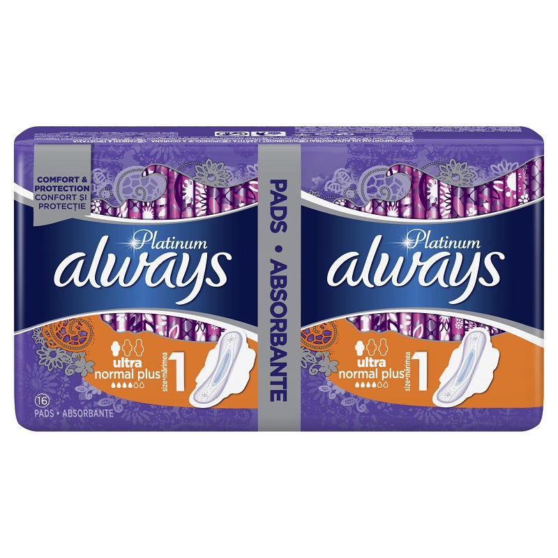 Absorbante Always Platinum Ultra Normal Plus Duo, 16 bucati, Marimea 1, P&G