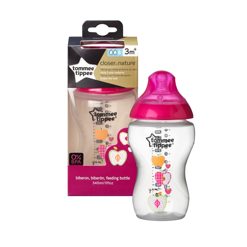 Biberon decorat Mar Roz, Closer to Nature, 340 ml, Fete, TT0035-1, Tommee Tippee