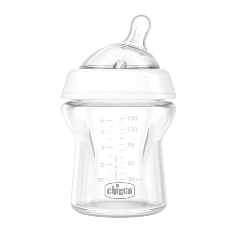 Biberon din sticla cu  tetina din silicon flux normal Natural Feeling PureGlass , 0luni+, 150ml, Chicco