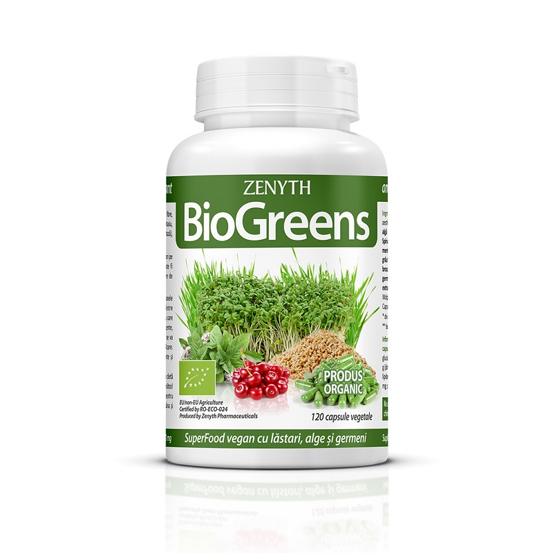 BioGreens SuperFood Organic cu germeni, alge si lastari, 120 capsule, Zenyth