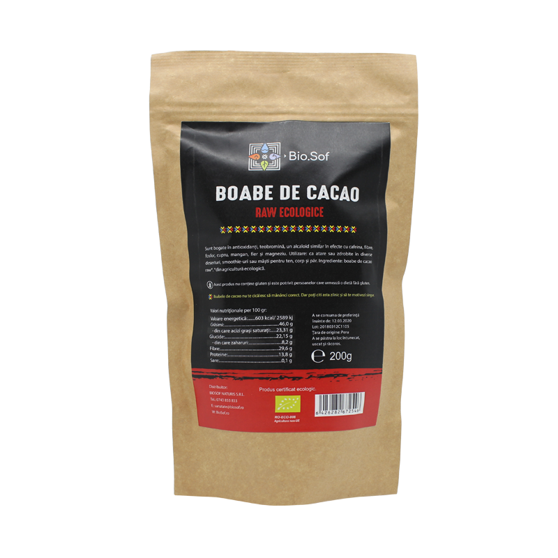 Boabe de cacao Raw Ecologice, 200 gr, Biosof