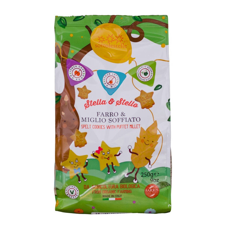 Biscuiti Bio vegani pentru copii cu spelta si mei, 250 g, Sottolestelle