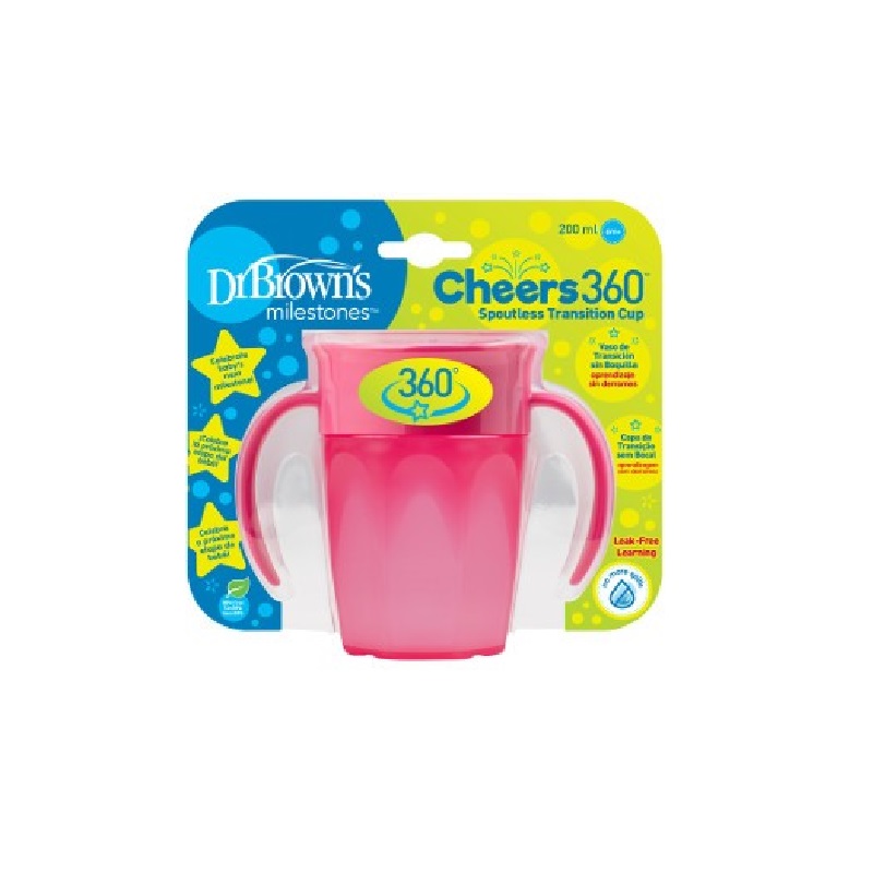 Canita pentru tranzitie roz cu manere, Cheers360 , 200 ml, Dr.Browns