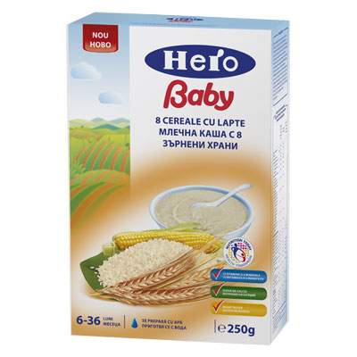 8 Cereale cu lapte, 6-36 luni, 250 g, Hero Baby