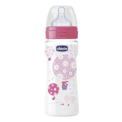 Biberon cu tetina din silicon flux rapid PP WellBeing Girl, +4 luni, 330 ml, 2063510-7, Chicco