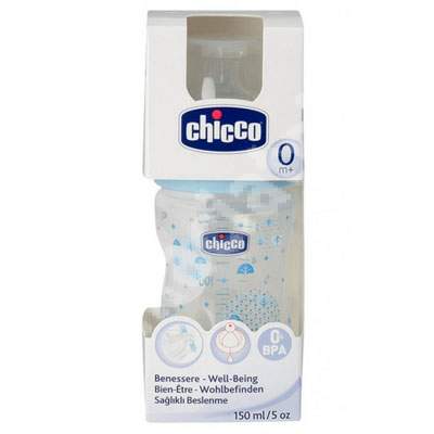 Biberon cu tetina silicon flux normal blue WellBeing PP, +0 luni, 150 ml, 70730.80-7, Chicco