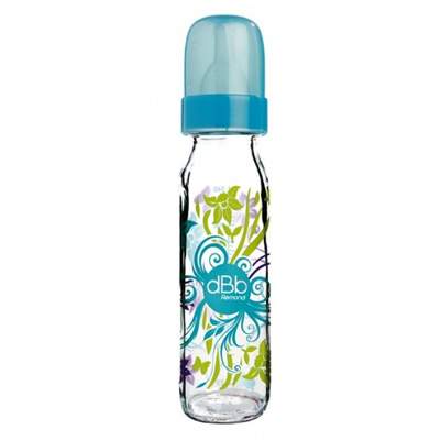 Biberon de sticla cu tetina din silicon turcoaz decorat Floralies, 240 ml, 0-4 luni, dBb Remond