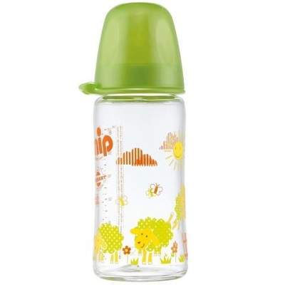 Biberon din sticla cu gat larg cu tetina silicop pentru lapte verde nr.1, 240 ml, 35063, Nip