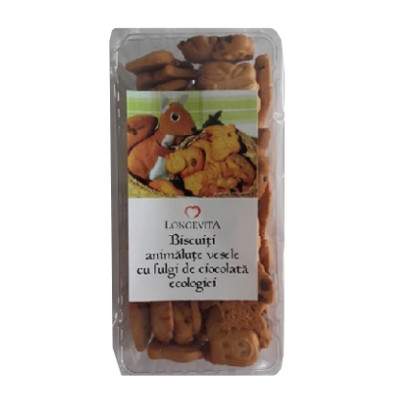 Biscuiti Ecologici animalute vesele cu fulgi de ciocolata fara zahar, 140 g, Longevita