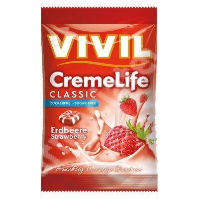 Bomboane fara zahar cu capsuni CremeLife Classic, 110 g, Vivil