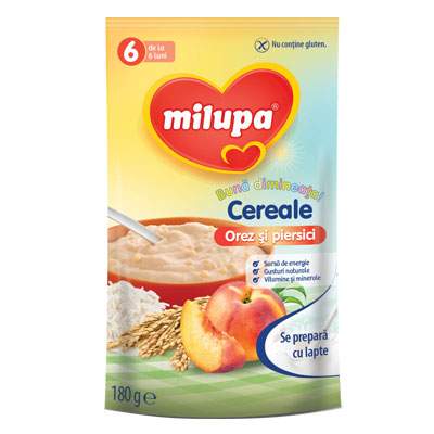 Cereale orez si piersici Buna dimineata, Gr. +6 luni, 180 g, Milupa