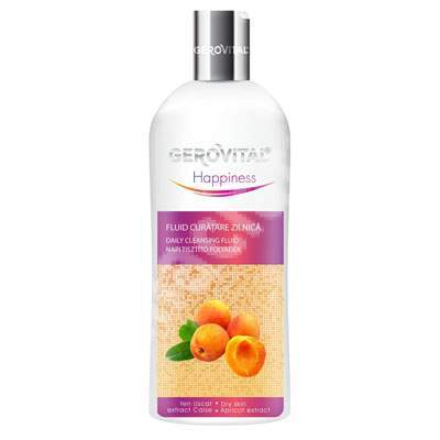 Fluid pentru curatare zilnica, cu extract de caise, pentru ten uscat, Gerovital Happiness, 200 ml, Farmec