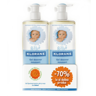 Gel spumant delicat corp si par pentru copii, 2x500 ml, Klorane (-70% la al 2-lea produs)