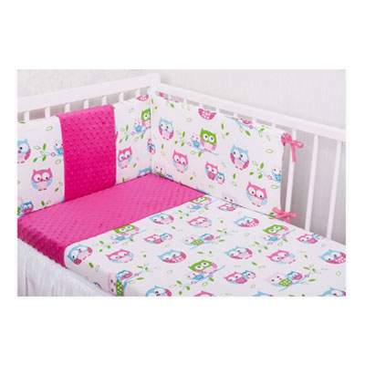 Lenjerie de pat din bumbac si velur Minky Pink Sowy, 3 piese, Gluck